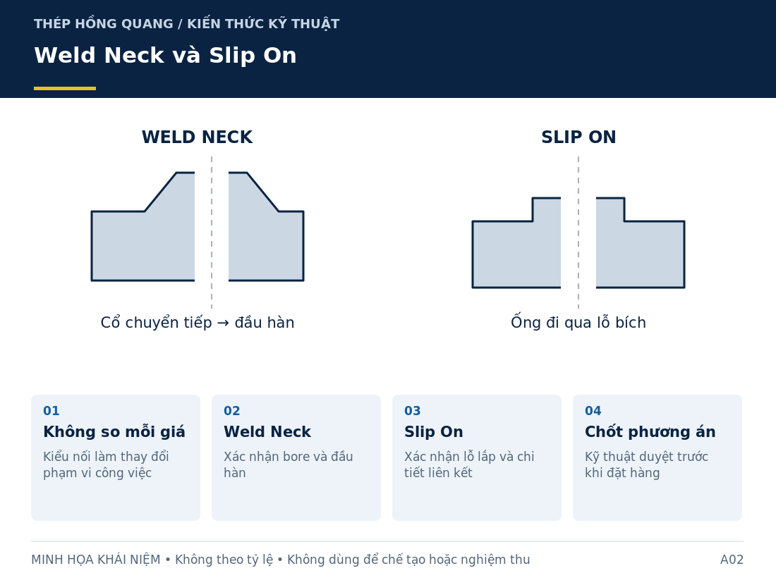Weld Neck và Slip On: sơ đồ nhận diện và các thông tin cần làm rõ khi mua hàng.