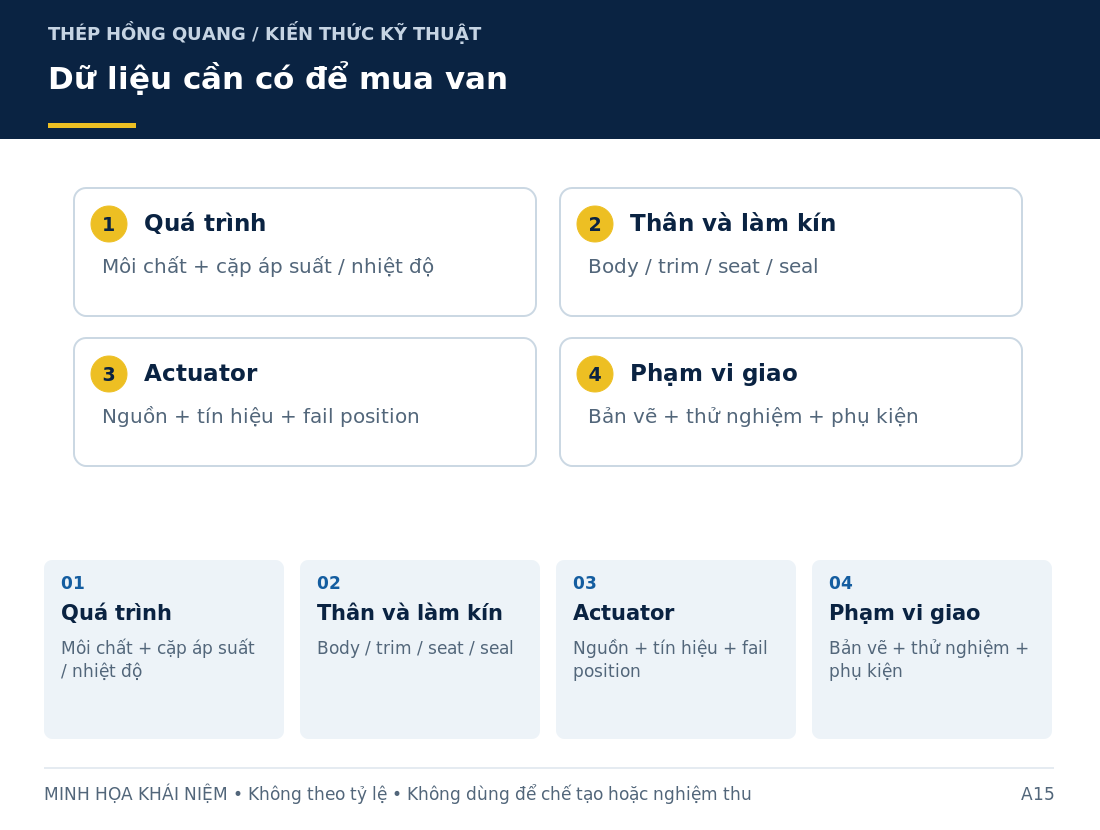 Dữ liệu cần có để mua van: sơ đồ nhận diện và các thông tin cần làm rõ khi mua hàng.
