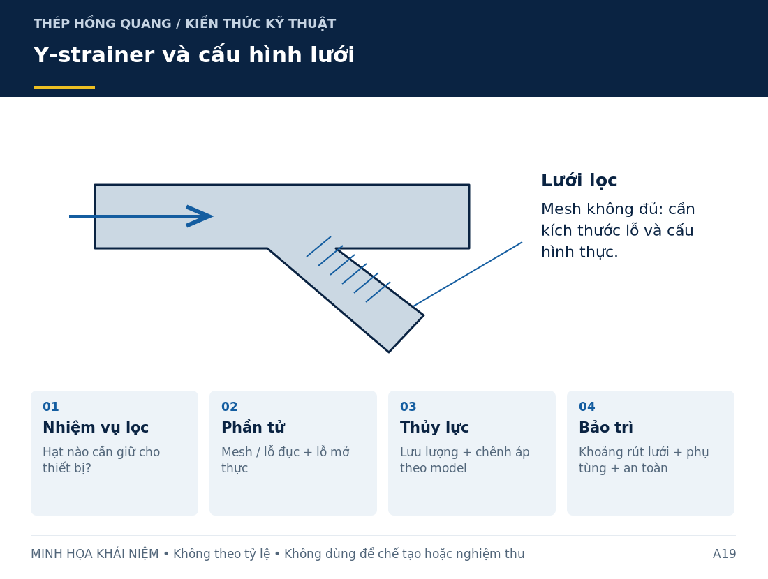 Y-strainer và cấu hình lưới: sơ đồ nhận diện và các thông tin cần làm rõ khi mua hàng.