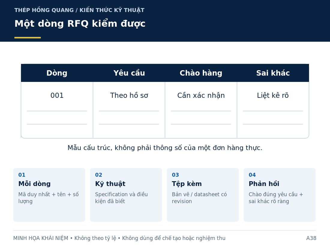 Một dòng RFQ kiểm được: sơ đồ nhận diện và các thông tin cần làm rõ khi mua hàng.