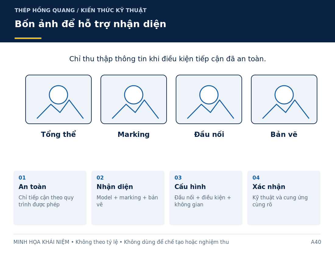 Bốn ảnh để hỗ trợ nhận diện: sơ đồ nhận diện và các thông tin cần làm rõ khi mua hàng.